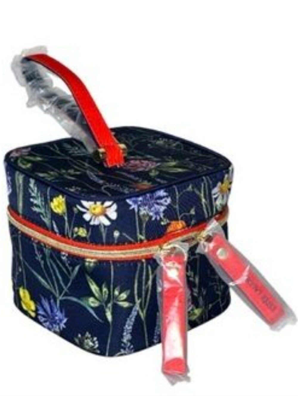 Estee Lauder Navy Blue Floral Makeup Bag Mini Cube Shape Train Case Travel Pouch